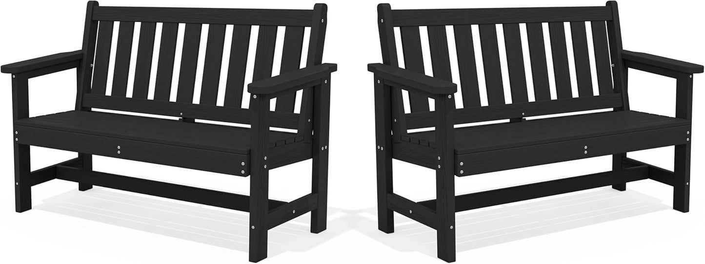 SERWALL Outdoor Bench, HDPE Outdoor Benches Weatherproof, 2-Person Garden Bench with 660 lbs Weight Capacity, Patio Benches for Outdoors, Garden, Porch, Backyard and Park, Black, 2 Pack