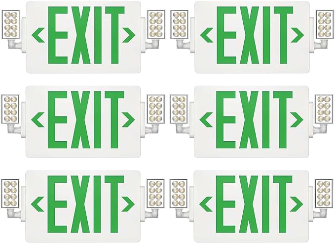 Spectsun 6 Packs Exit Signs with Emergency Lights,120-277VAC -LED Combo Emergency Light with Backup Battery-Double Face UL Listed Green Letter Exit Sign Lighting-Hard Wired-Fire Resistant