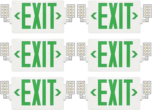Spectsun 6 Packs Exit Signs with Emergency Lights,120-277VAC -LED Combo Emergency Light with Backup Battery-Double Face UL Listed Green Letter Exit Sign Lighting-Hard Wired-Fire Resistant