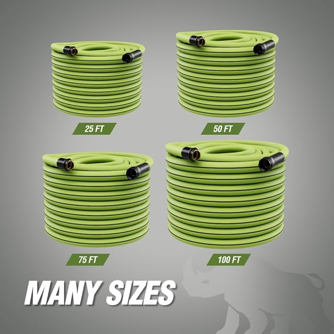 Rugged Rhino Heavy Duty Flexible Light Weight Garden Hose, 25ft x 5/8in, 4 Layer Leakproof Outdoor Gardening Tools, Watering Supplies, Powerful Water Pressure for Lawn, Flowers, Green Black