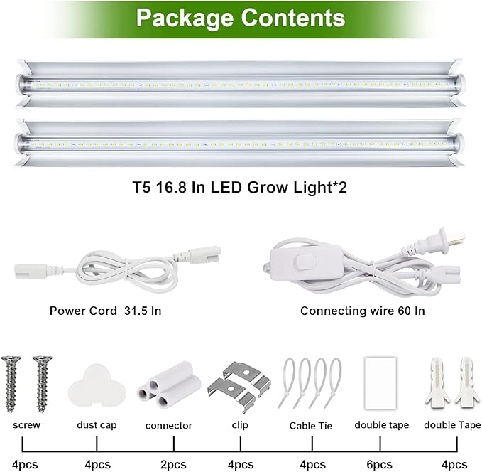 Grow Light T5 1.4Ft (2pcs x 10 Watts),5000k White Full Spectrum LED Lamp Plant Light Strips for Indoor Plant Growing,End-to-End Connectable with V-Shaped Reflector