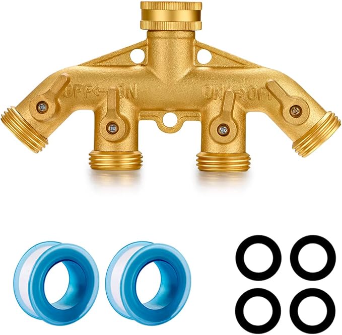 Garden Hose Splitter Heavy Duty Brass Connector, Garden Faucet Splitter for Outdoor Faucet Hose Bib Splitter, Adapter with Comfortable Grip Shut Off Valves (4 Way splitter)