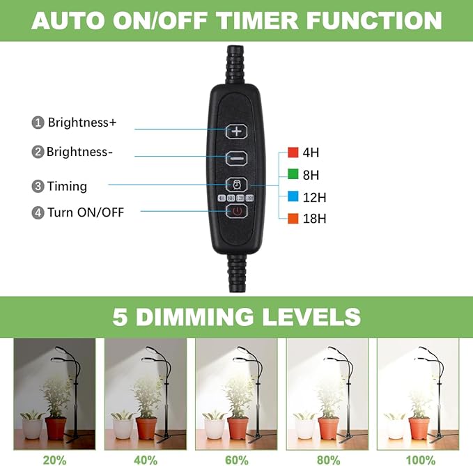 Grow Light 4.7'' LED Dual Ring,80W 6000K Full Spectrum Gooseneck Lamp for Indoor Plants Growing with Timer 4/8/12/18Hrs,Dimmable & Height Extendable 9-16''
