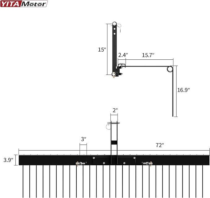YITAMOTOR 72 Inch Durable Powder Coated Steel Pine Straw Rake Steel Spring Landscape Rake Attaches to Cat 0 Cat 1，3 Point Hitch for Tractor, Black Grey