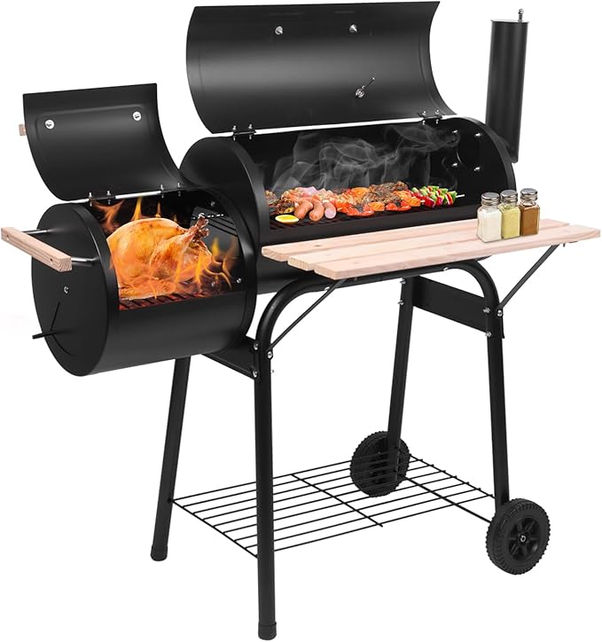 ROVSUN Charcoal Grill, Large Cooking Area of 433 Sq.In., Offset Smoker, Side Table, Great BBQ Grill for Indoor/Outdoor Picnic, Black