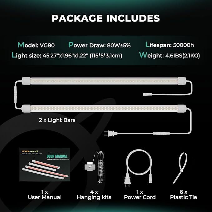 MARS HYDRO VG80, 4ft Led Grow Lights for Indoor Plants, 5000K Full Spectrum, 2x4 Coverage, IP65 Waterproof Linkable Under Canopy Plant Light Strip for Seedling Veg Flower (2x40W, 450W Equivalent)