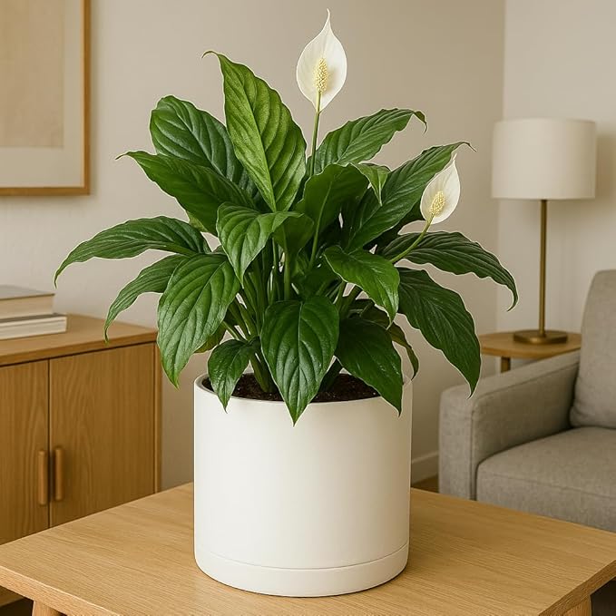 Giraffe Creation 12-Inch Round Cylinder Plant Pot, Modern Indoor/Outdoor Planter with Drainage Hole, Saucer & Water Reservoir, White