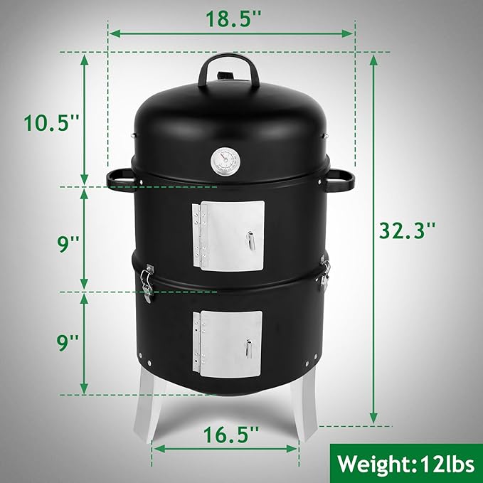 3-in-1 Vertical Charcoal Grill, Outdoor BBQ Charcoal Smoker with Built-in Thermometer, Air Vent, and 2 Access Doors, Perfect for Camping, Picnics, Backyard BBQs, and Tailgating Parties