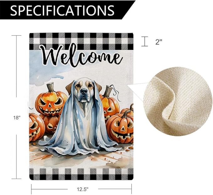 Ghost Dog Garden Flag with Jack O'Lantern Pumpkins Design Double Sided Farmhouse Welcome Decorative Small Burlap Flags 12.5 x 18 Inch for Outdoor Halloween Decor (Black)