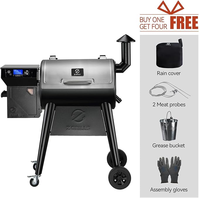 Z GRILLS Wood Pellet Grill Smoker with PID 2.0 Controller, 459 SQ.IN, 450°F Max Temperature, 8 in-1 BBQ Grill, LCD Screen, Meat Probes, Rain Cover, Backyard Camping Bake and Roast, 450E