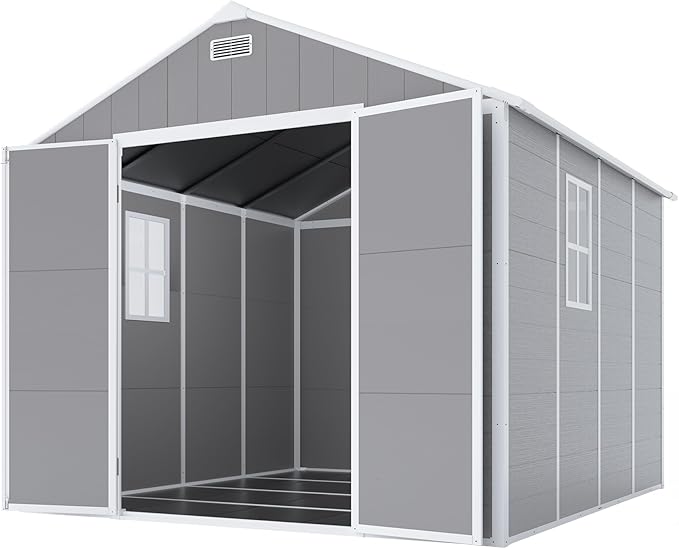 Outdoor Storage Shed 8x8 FT, Resin Shed with Floor & Window, Lockable Door, Vents, Outside Sheds & Garden Shed for Patio Furniture, Gardening Tools, Pool Equipment (Grey, 8 * 8ft)