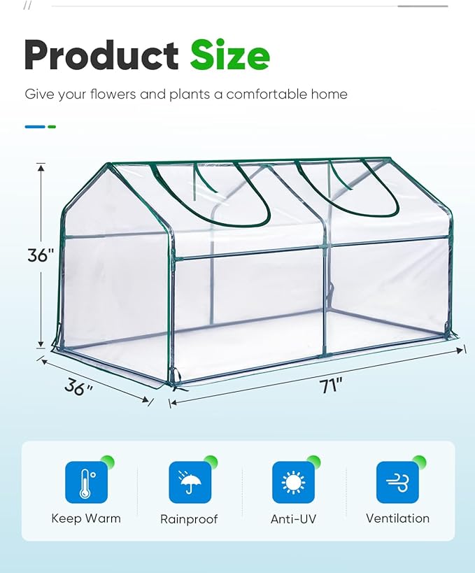 Quictent Portable Mini Cloche Greenhouse w/ Elevated Bottom, Reinforced High Light Transmission Waterproof UV-Resistant Hot House for Indoor Outdoor, w/ 50 T-Shaped Plant Tag, 71" x 36" x 36" (Clear)