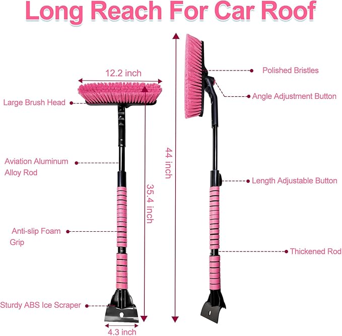 SEAAES 44 Inch Ice Scraper and Snow Brush for Car Windshield, Extendable Snow Removal Brush with Foam Grip for Truck SUV Vehicle Window - Pink