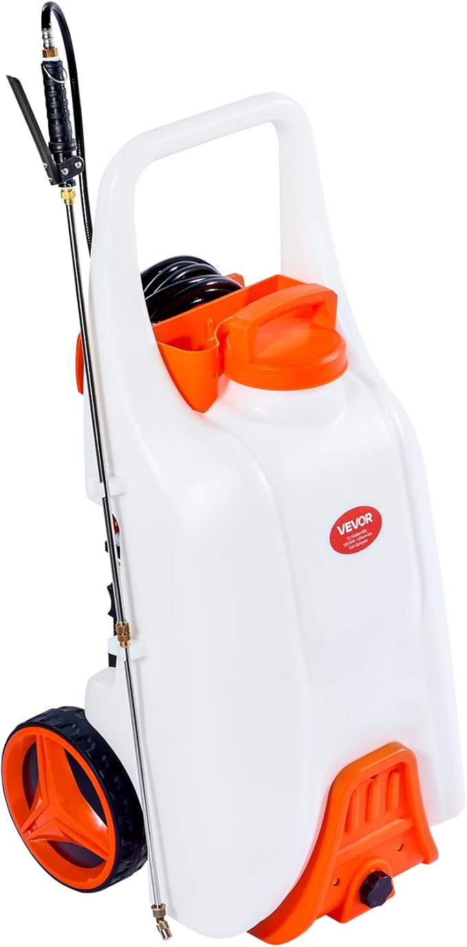 VEVOR 13.1 Gallon Battery Powered Sprayer with Wheels, Adjustable 0-80 PSI, 5 Nozzles and 98ft Hose Included, Orange