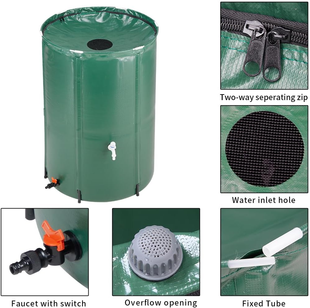 100 Gallon Collapsible Rain Barrel, Portable Rainwater Collection System, Water Storage Tank, Rain Catcher Barrel with Two Spigots and Overflow Kit, Rain Water Barrel Collector for Garden, Green