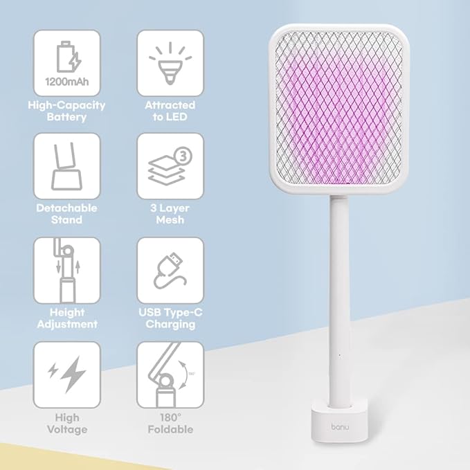 Banu Electric Fly Swatter Bug Zapper Racket, 180-Degree Folding, Adjustable 2-in-1 Mosquito Killer Lamp, Rechargeable 1200mAh Battery, 3-Layer Safety Mesh, Suitable for Indoor and Outdoor Use