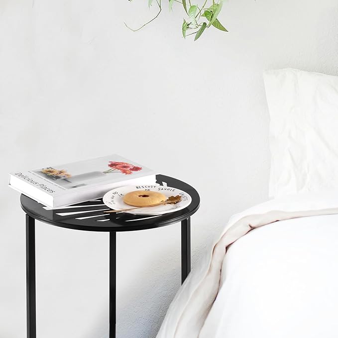 2 Packs 13" Metal Outdoor Side Tables Small Black Outside End Table for Patio Round Accent Corner Stand for Small Spaces Weather-resistant Coffee Table for Balcony Porch Plant Stand,Tropical Leaf