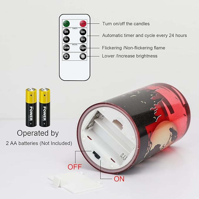 Eldnacele Halloween Flickering Candles with Witch, Crow Raven, Castle Decals, Red Glass Battery Operated Flameless LED Candles with Remote, Real Wax Candle Set of 3 Halloween Decorations