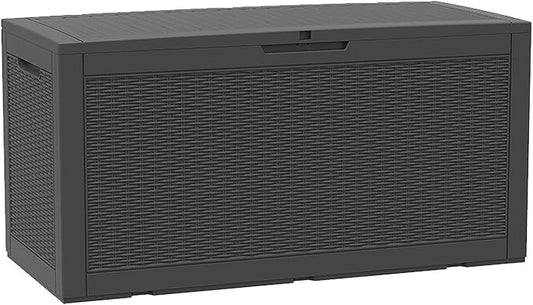 Modern-Depo 100 Gallon Deck Box Waterproof Outdoor Storage Bench Polypropylene PP Garden Tools Pool Towel Storage Bin Porch Delivery Box, Black