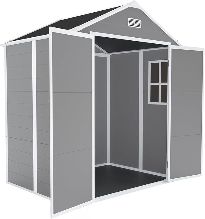 6x5 FT Resin Storage Shed,Garden House with Floor & Lockable Door,Waterproof Plastic Tool Sheds W/Slanting Roof Visual Window & Air Vents for Bicycles,Lawnmowers,Lawn,All Weather Use,Gray