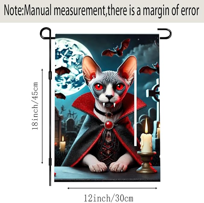 Halloween Garden Flag 11.81 x 17.72 Inch Vampire Sphynx Cat with Red Eyes Fangs Bats Full Moon and Graveyard Outdoor Yard Decoration for Holiday Party
