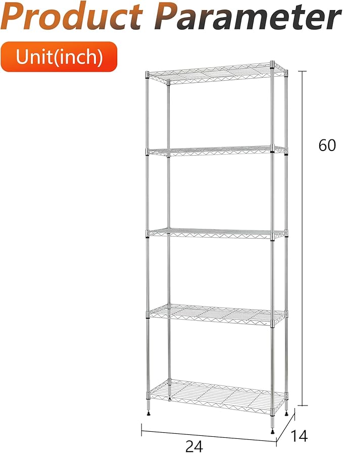 FDW Shelves,Wire Shelving Utility Storage Shelves Shelving Unit NSF Certified Height Adjustable Metal 5 Tier Shelves Easy Assembly 24" L x 14" W x 60" H,Chrome