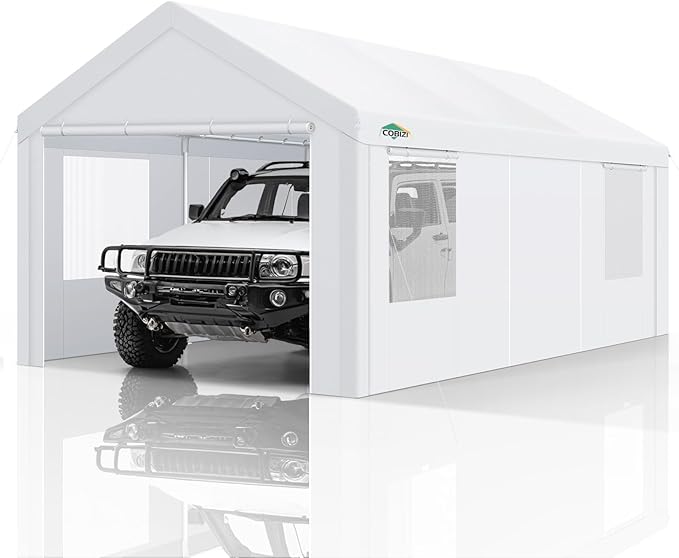 COBIZI Carport Canopy 12x20 Heavy Duty Portable Garage with Removable Sidewalls & Doors, Galvanized Frame Car Port Canopy Tent with Built-in Sandbags & All-Season Tarp for Car Boat Truck, White