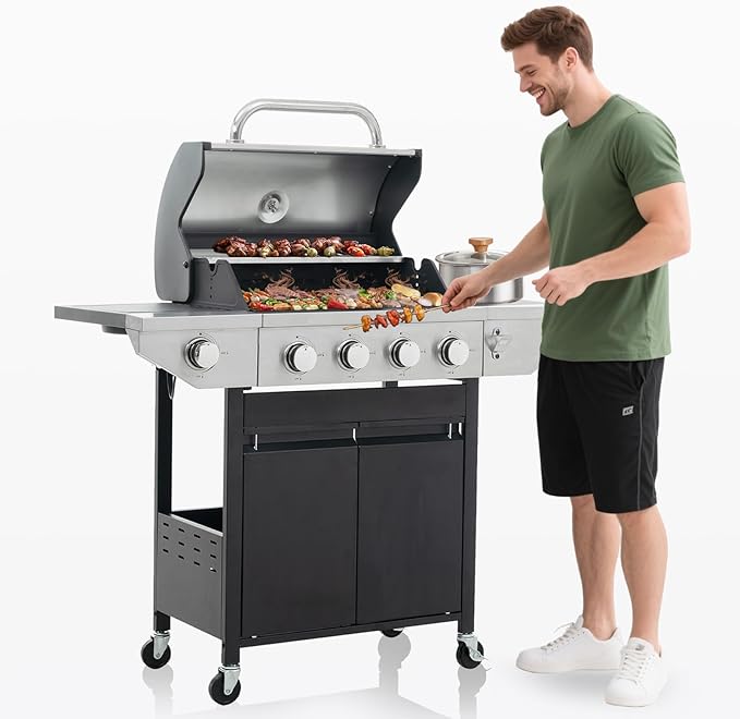 4-Burner Propane Gas BBQ Grill with Side Burner, Porcelain-Enameled Cast Iron Grates and Side Tables, 46,500 BTU Stainless Steel Grill for Outdoor Camping Barbecue Grilling Backyard Cooking