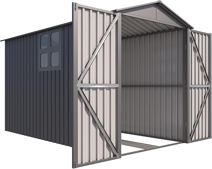 6x10 FT Outdoor Storage Shed, Metal Motorcycle Shed with Track & Fixing Device, Storage Building with Window & Lockable Hinged Doors, Waterproof Outside Garage Sheds for Garden, Backyard, Patio, Gray