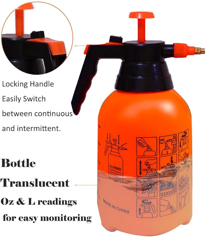 1/2 Gallon Handheld Pump Sprayer, 2 Pack Garden Pressure Sprayer with Adjustable Brass Nozzle, Multi-Purpose 75 Oz Water Spray Bottle Ideal for Watering, Fertilizing, Cleaning (Orange-2L)