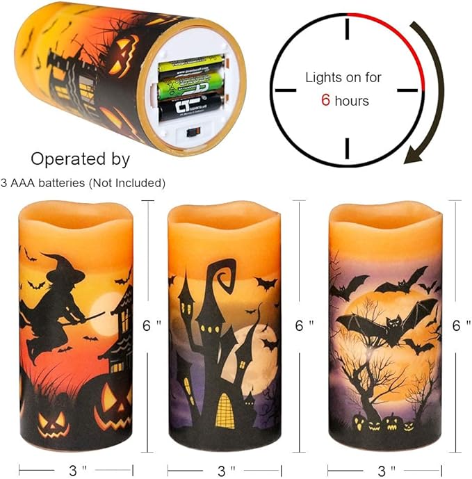 DRomance Halloween LED Flameless Pillar Candles Battery Operated with 6 Hour Timer Set of 3 Orange Wax Warm Light Flickering Witch Bats Castle Spooky Decals Halloween Decor Gifts(3 x 6 Inch)