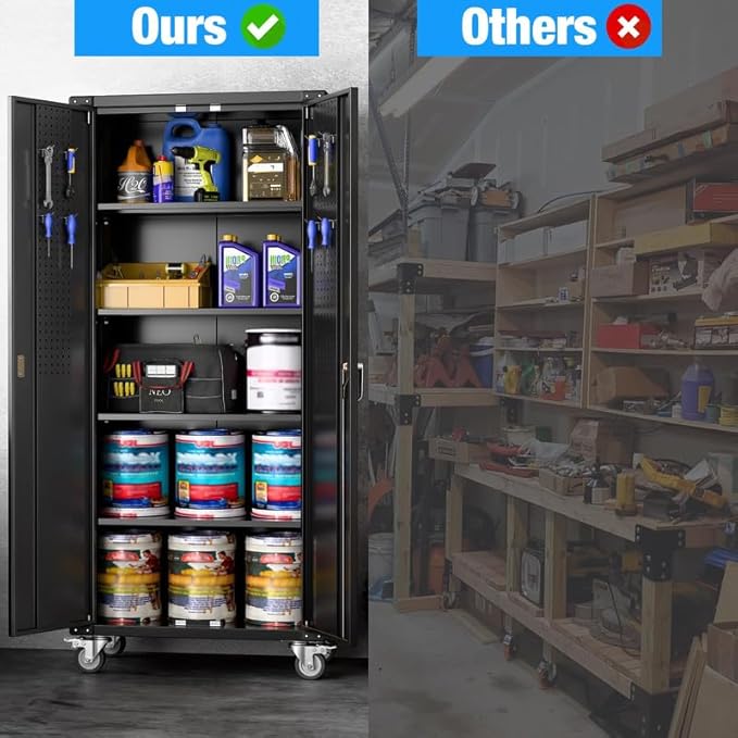 Metal Garage Storage Cabinet with Wheels and Pegboard, 72" H Rolling Steel Storage Cabinet with 4 Adjustable Shelves and Lockable Door for Garage, Office, Home,Required Assembly,Black