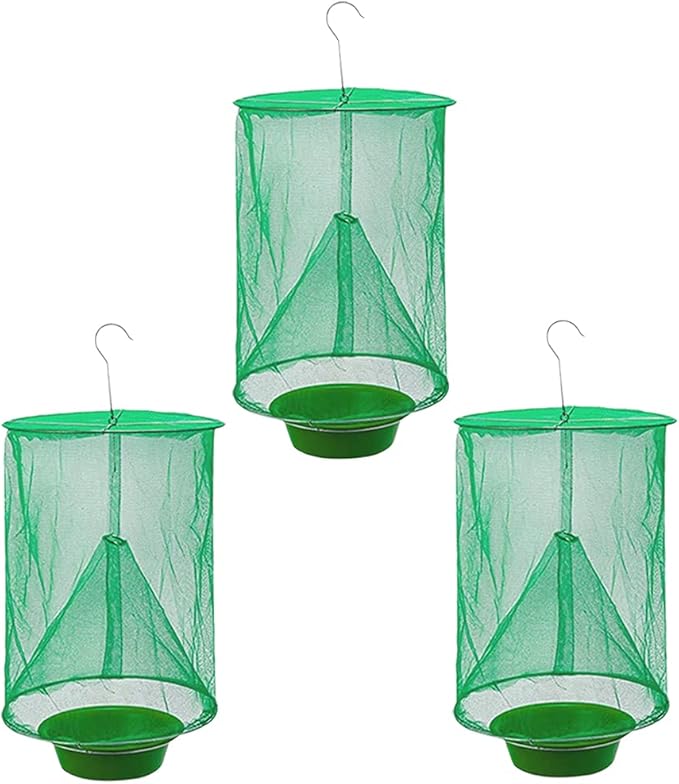 Ranch Fly Trap Outdoor Hanging | Reusable Fly Trap | Food Bait Flay Catcher Cage for Indoor or Outdoor Family Farms, Park (3 Pack)