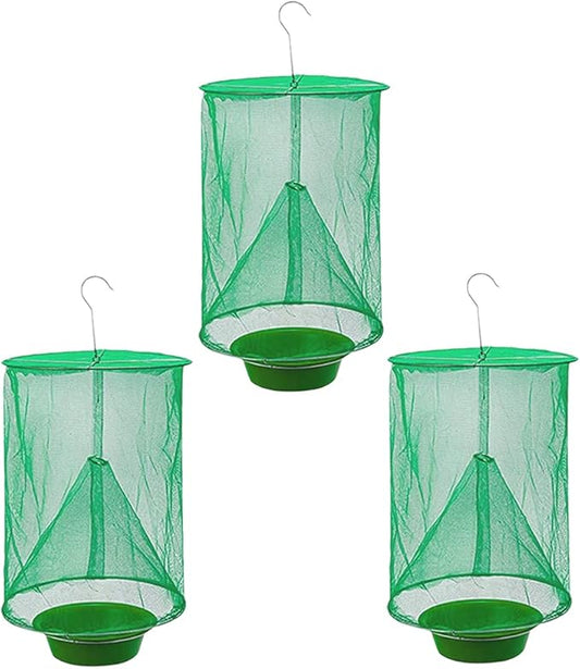 Ranch Fly Trap Outdoor Hanging | Reusable Fly Trap | Food Bait Flay Catcher Cage for Indoor or Outdoor Family Farms, Park (3 Pack)