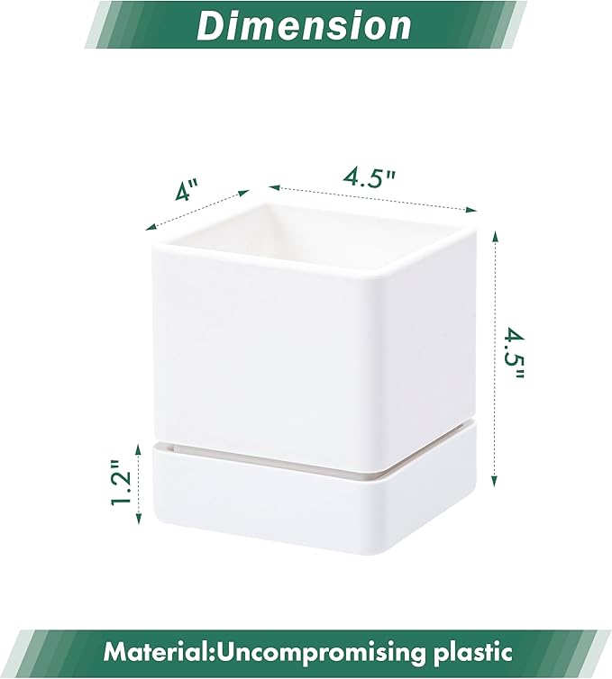 4 Inch Herb Planter Pot, Plastic Planter with Drainage Holes and Saucer, Modern Decorative Gardening Pot for Indoor Plants, Flowers, Herbs, Succulents, White, Set of 2, 76-Y-A-2