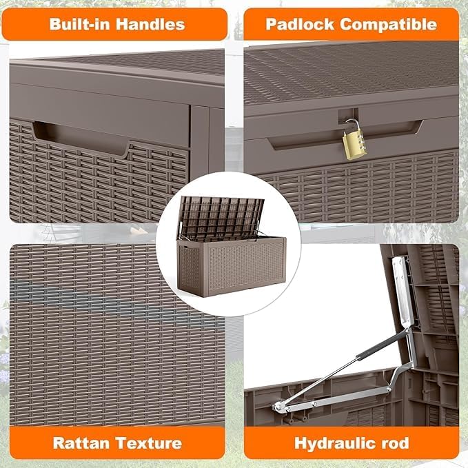 100 Gallon Deck Box,Resin Outdoor Storage Box with Lockable for Patio Furniture, Pool Accessories, Garden Tools Waterproof Outside Storage Box, Grey Pattern