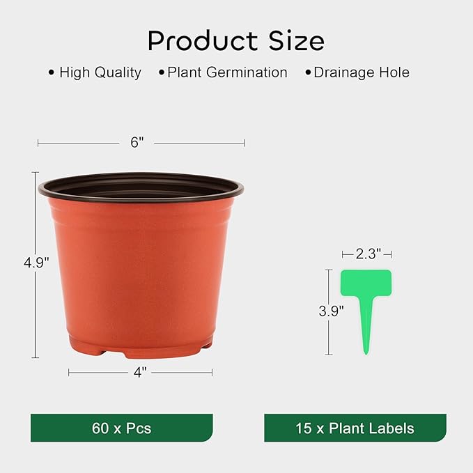 GROWNEER 60-Pack 6 Inch Plastic Nursery Pots with 15 Plant Labels – Seed Starter Kit for Indoor & Outdoor Flower Planting and Gardening Seedling Planter