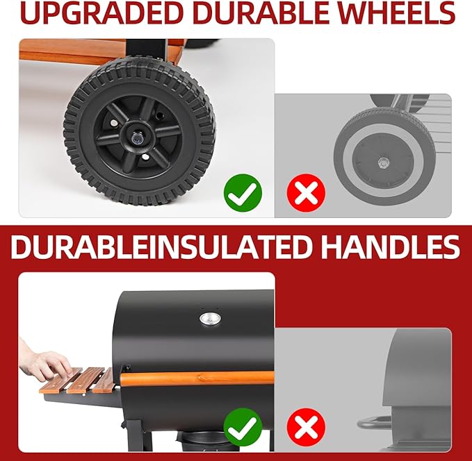 Charcoal Grill with Temperature Gauge - Large Outdoor Barrel Barbecue Grill with SideTable, 406 sq in Cooking Space for 6-10 People, ldeal for Camping and Backyard BBQ