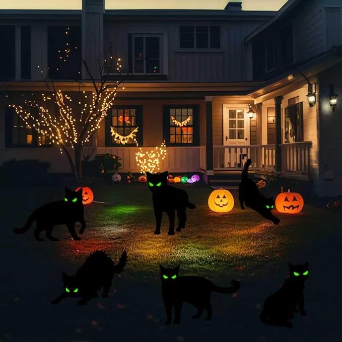 Halloween Yard Signs - 6 PCS Black Cat Decorations with Stakes for Outdoor Scary Silhouette with Glowing Eyes Waterproof Corrugated Plastic Lawn Decor