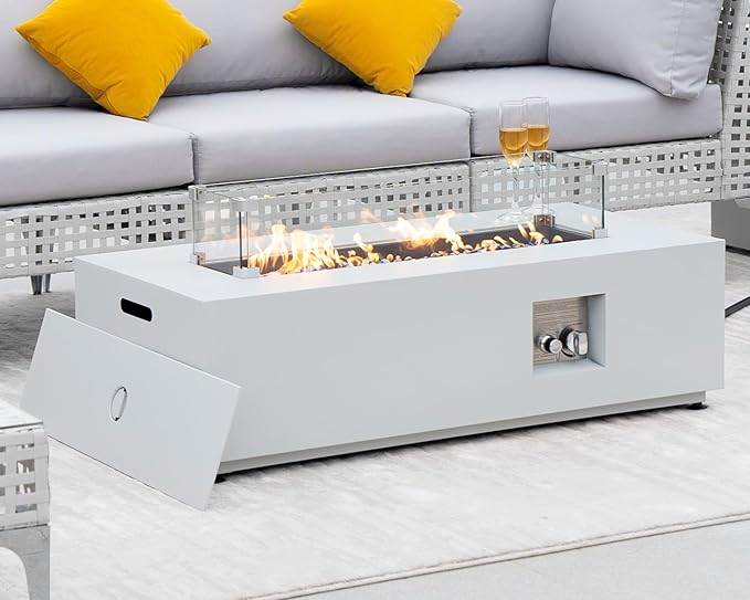NICESOUL 42'' Outdoor Rectangle Fire Pit Table, Modern Low Profile Patio Firepits with Tank Table, 50,000 BTU Firepit Table for Outside, Exterior, Porch, Backyard or Garden, No Assembly, Grayish white