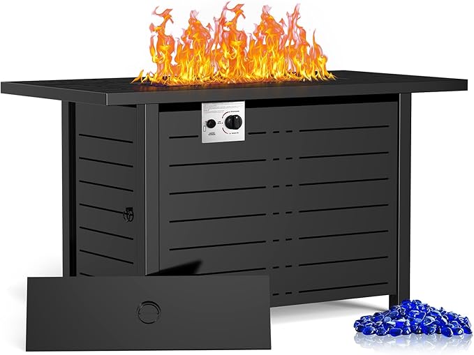 ZAFRO 43" Black Rectangular Metal Propane Gas Fire Pit Table with Lid, 50000BTU, for 20Lbs Tank, Warm& Comfortable& Reliable Fire Pit Table for Garden, Balcony