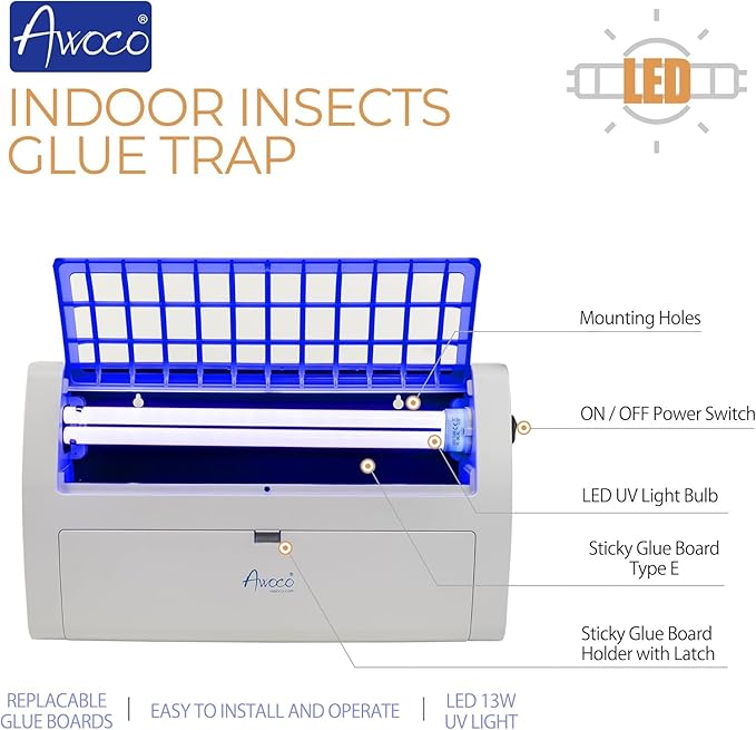 Awoco LED 13W 100V-240V Wall Mount Sticky Fly Trap Lamp XL 78” Extra Long Power Cord for Capturing Flies, Mosquitoes, Moths and Flying Insects (Fly Trap XL)