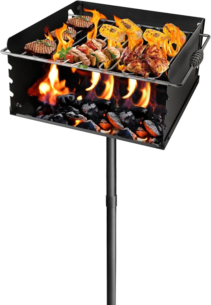 16x16 Inch Park-Style Heavy Duty Steel Charcoal Grill: An Outdoor BBQ Solution with Grate and Single Post Design for Backyard Barbecues and Camping