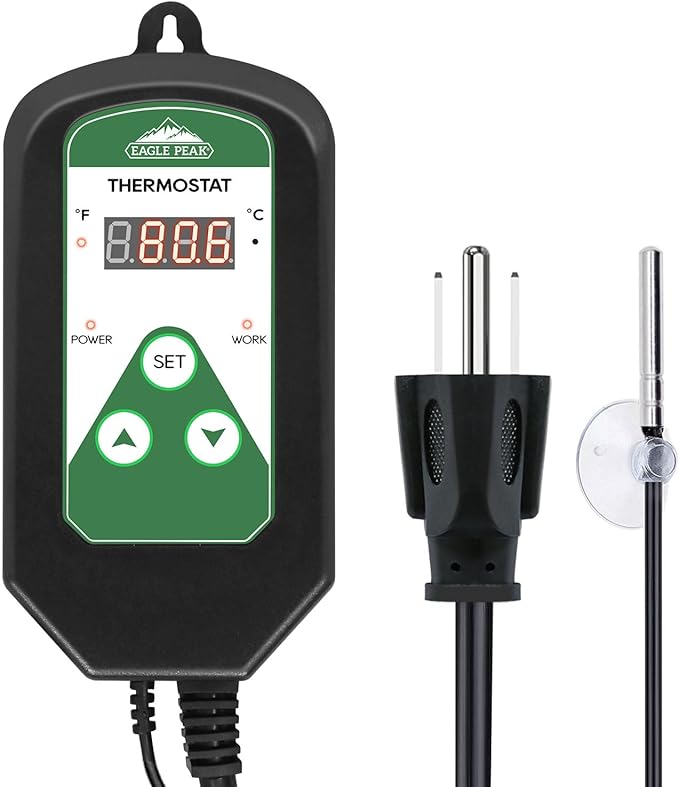EAGLE PEAK Digital Heat Mat Thermostat Controller 42–108 °F for Heat Mat, Greenhouse, Heater Fan, Seedling, Germination, Fermentation and Reptiles, 15A/1800W