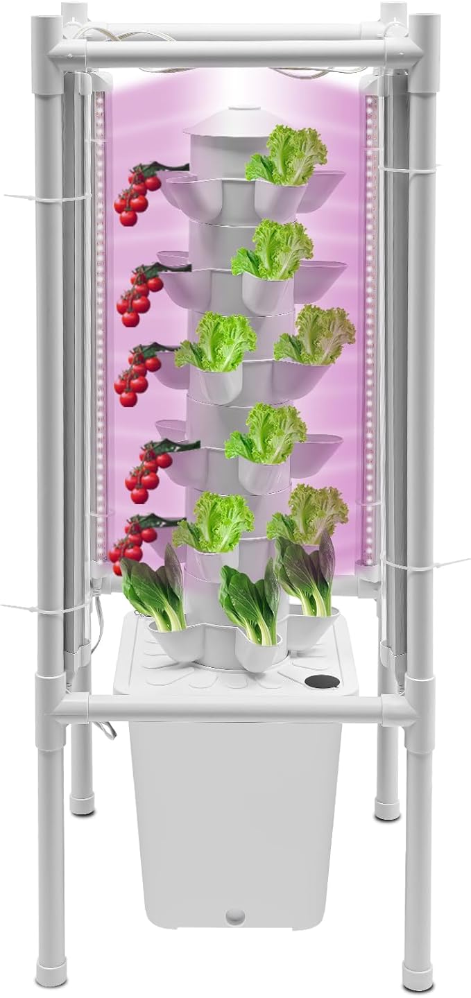Hydroponics Growing System Kit, 6 Layers 30 Holes Indoor Gardening System Vertical Planter Germination Kit w/Water Pump, Hydroponic Natural Balanced Tower System for Chilies, Mint (White)