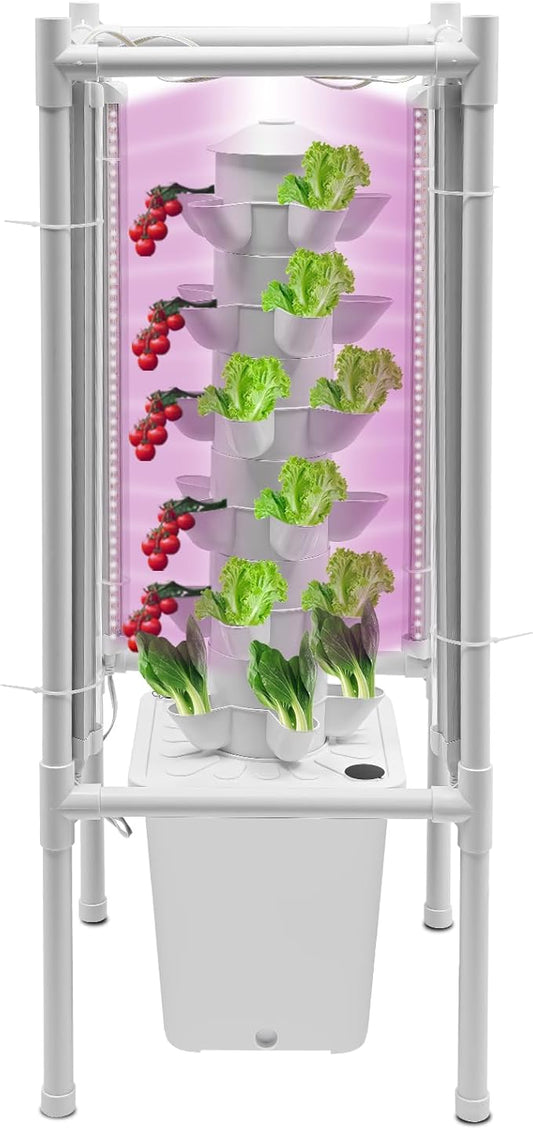 Hydroponics Growing System Kit, 6 Layers 30 Holes Indoor Gardening System Vertical Planter Germination Kit w/Water Pump, Hydroponic Natural Balanced Tower System for Chilies, Mint (White)