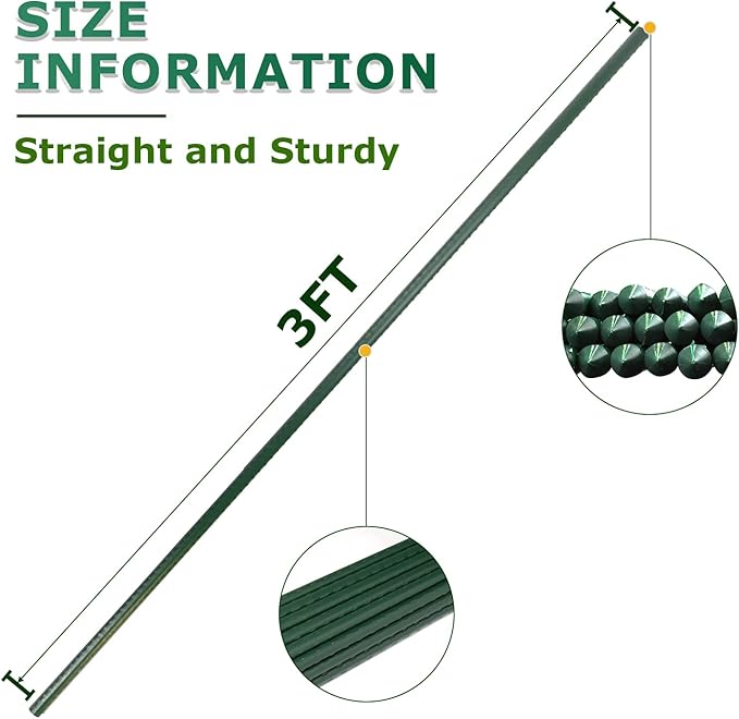25pcs Steel Plant Stakes 3 Feet,Sturdy Plant Sticks, Plastic Coated Metal Garden Stakes Supports Climbing for Tomato, Bean, Flowers, Tree Potted