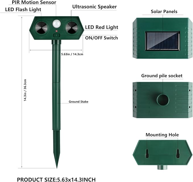 2 Pack 2025 Ultrasonic Animal Repellent Outdoor Cat Repellent Devices Solar Animal Repeller Motion Activated Deterrent to Scare Deer Squirrel Rabbit Raccoon Skunk for Yard Lawn Outdoor