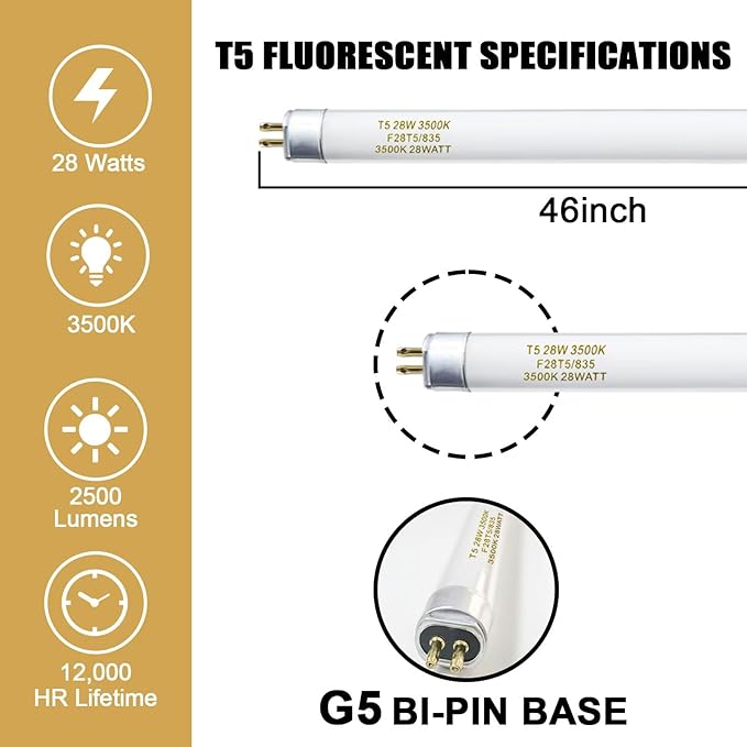 T5 28 Watts Fluorescent Light Bulb, 46 Inch T5 Fluoerscent Tube Compatible with Philips F28T5/835/ALTO, Sylvania FP28/835/ECO, 3500K Soft White Mini Bi-Pin Base G5, 2800 Lumens CRI 85 25 Pack