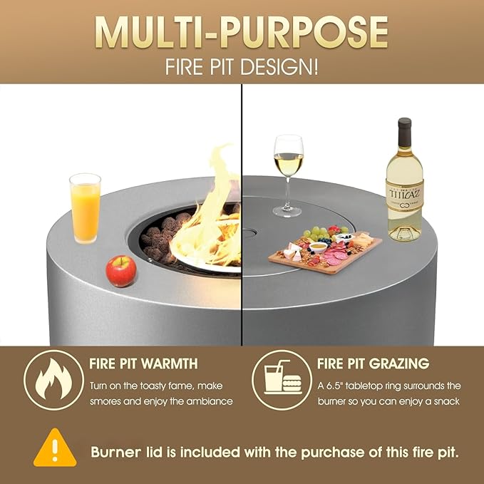 32 Inch Propane Fire Pit Table, 50,000 BTU Round Outdoor Fire Table, Alloy Steel Gas Fire Pits with Waterproof Cover, Lava Rocks and Lid, CSA Certified, for Patio, Deck, Backyard, Gray